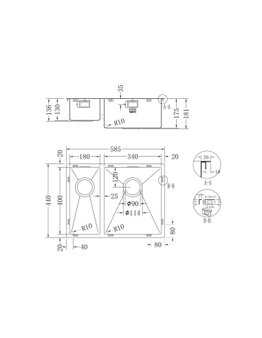 HEXDUO10 180/340U BBR Stainless Steel Kitchen Sink 1.5 Hexagonal 1810 Company HD/1834/U10/S/223