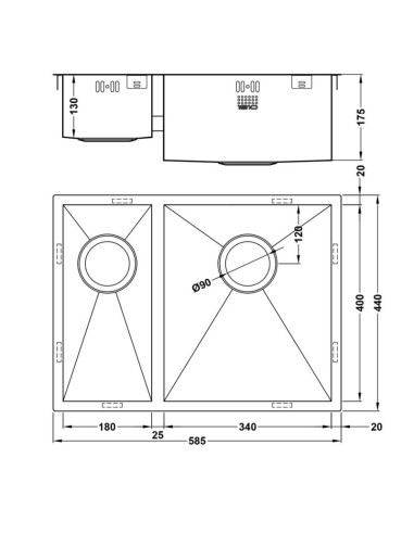 ZENDUO 180/340U Kitchen Sink BBR 1.2mm Stainless 1.5 1810 Company ZD/1834/U/S/BBR/024