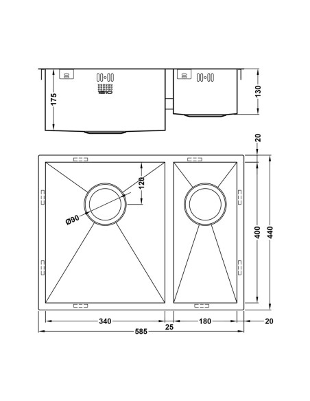 Zenduo 180/340 1.5 Bowl Kitchen Sink Flush/Under Fit No Drainer ZD/3418/U/S/022