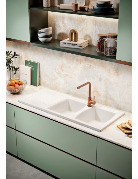 Thomas Denby Sonnet Double Bowl Kitchen Sink White Ceramic 1205x500 SO2BDWT