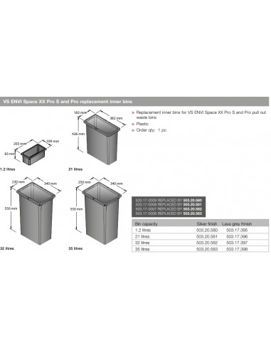 Vauth Sagel Bin Container 21L Envi Space Silver Free-Stood Kitchen Tub VS21LSILV