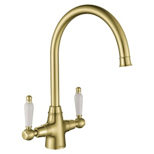 Rodez Brushed Gold Brass Twin-Lever Kitchen Tap White & Black Handles ROD/08/BGB