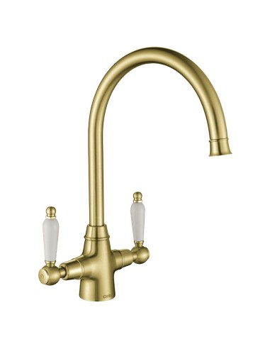 Rodez Brushed Gold Brass Twin-Lever Kitchen Tap White & Black Handles ROD/08/BGB