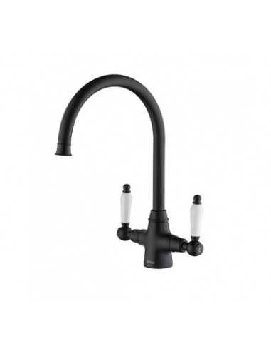 Rodez Matte Black Twin-Lever Kitchen Tap White & Black Handles 1810 ROD/07/MB