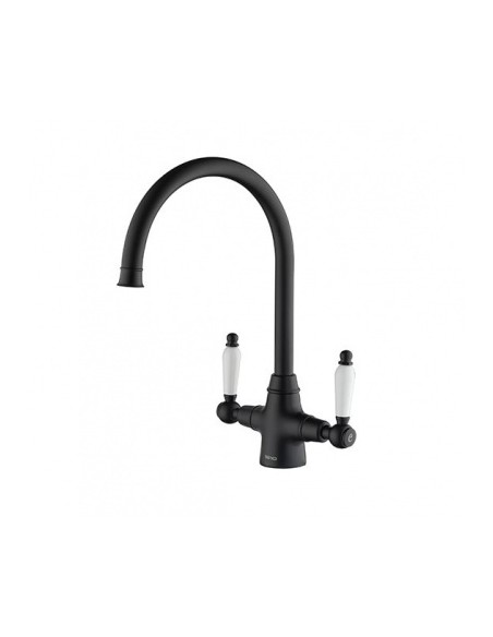 Rodez Matte Black Twin-Lever Kitchen Tap White & Black Handles 1810 ROD/07/MB