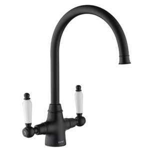 Rodez Matte Black Twin-Lever Kitchen Tap White & Black Handles 1810 ROD/07/MB