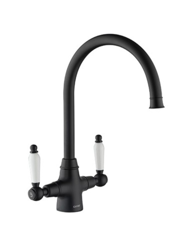Rodez Matte Black Twin-Lever Kitchen Tap White & Black Handles 1810 ROD/07/MB