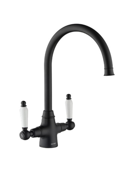 Rodez Matte Black Twin-Lever Kitchen Tap White & Black Handles 1810 ROD/07/MB