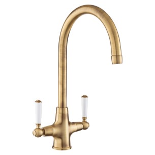 Rangemaster Aquaclassic Kitchen Tap Antique Brass White Dual Lever TAQCLASSDLAB/WH