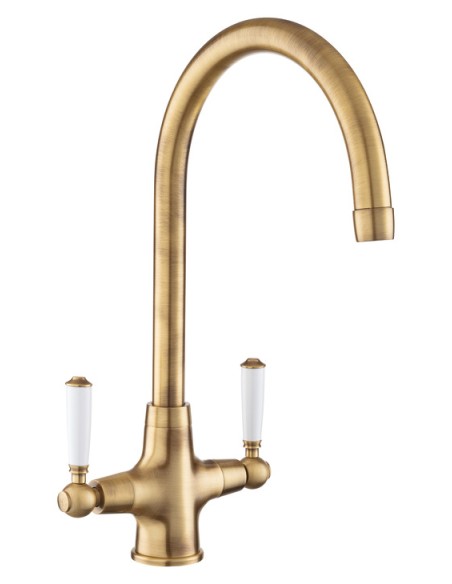 Rangemaster Aquaclassic Kitchen Tap Antique Brass White Dual Lever TAQCLASSDLAB/WH