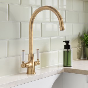 Rangemaster Aquaclassic Kitchen Tap Antique Brass White Dual Lever TAQCLASSDLAB/WH 2