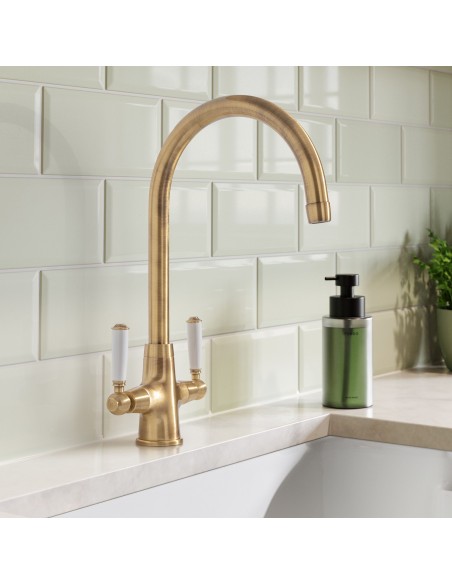 Rangemaster Aquaclassic Kitchen Tap Antique Brass White Dual Lever TAQCLASSDLAB/WH