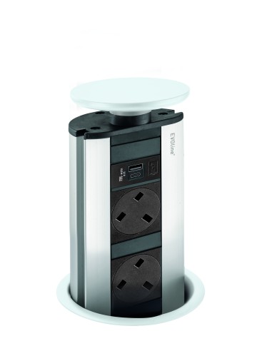 EVOline Pop-Up White Sockets Worktop Port X3 UK Plugs X2 USB Chargers 1593 1041 6100