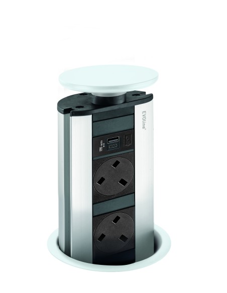 EVOline Pop-Up White Sockets Worktop Port X3 UK Plugs X2 USB Chargers 1593 1041 6100
