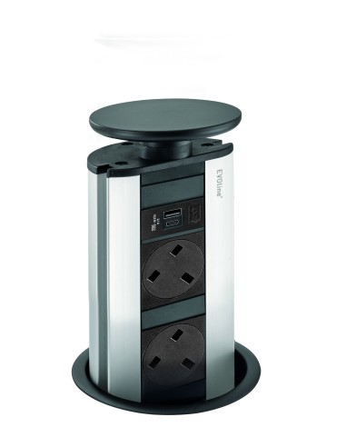 EVOline Pop-Up Worktop Socket X2 USB Chargers & UK Plugs Black Top 1593 1041 5601