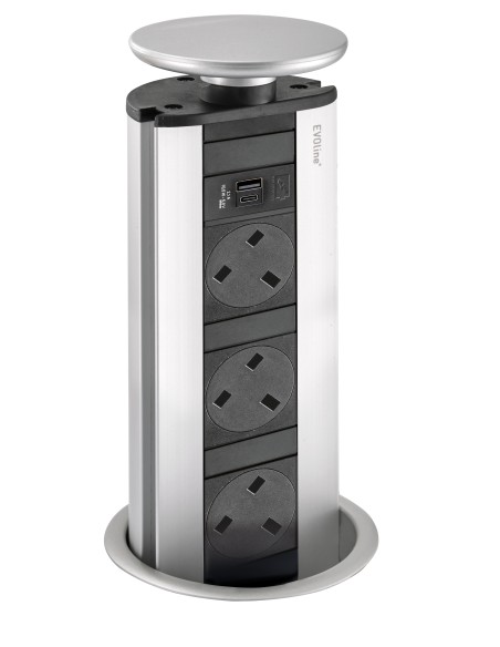 EVOline Pop-Up Sockets USB A+C Charger Worktop X3 UK Plugs Silver Port 1593 1041 5501
