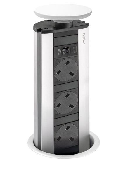 EVOline Pop-Up White Sockets Worktop Port X3 UK Plugs X2 USB Chargers 1593 1041 6100
