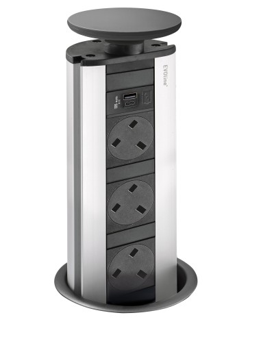 EVOline Pop-Up Worktop Socket X2 USB Chargers & UK Plugs Black Top 1593 1041 5601