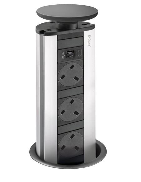 EVOline Pop-Up Worktop Socket X2 USB Chargers & UK Plugs Black Top 1593 1041 5601