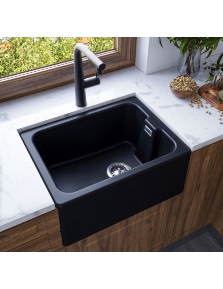 600mm Maya Black Granite Belfast Kitchen Sink FREE Waste 1810 Classic MU/595/BEL/BL/1001