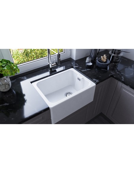 600mm White Granite Belfast Kitchen Sink Deep Sit-On FREE Waste 1810 MU/595/BEL/WH/1000