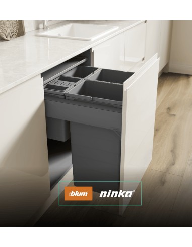600mm ECO-Top Waste Bin Blum Merivobox Door-Fix 80L Quad Tubs 40Kg 5060.4080+MGG