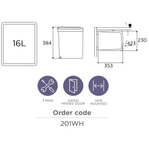 Under Sink Kitchen Bin 500mm White 16L Auto Opening Lid Hinged Door 201WH 2