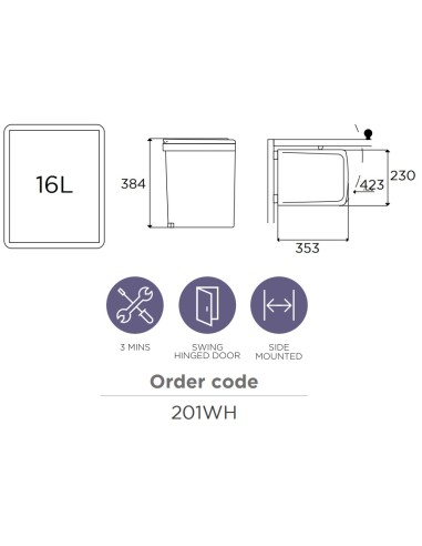 Under Sink Kitchen Bin 500mm White 16L Auto Opening Lid Hinged Door 201WH