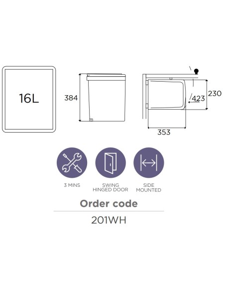 Under Sink Kitchen Bin 500mm White 16L Auto Opening Lid Hinged Door 201WH