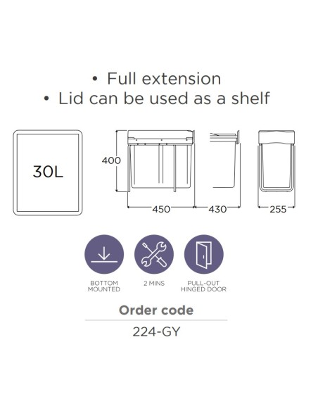 300mm Single Container Waste Bin 30L Gollinucci Kitchen Base Mount