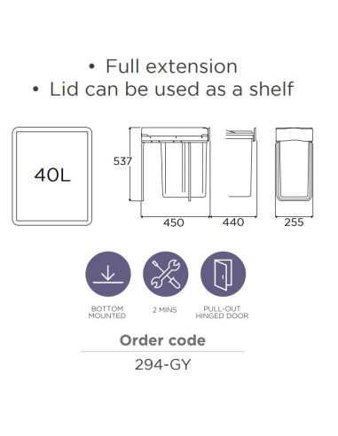 300mm Kitchen Waste Bin 40L Pull-Out Unit Single Container Hinged Door Gollinucci 294GY