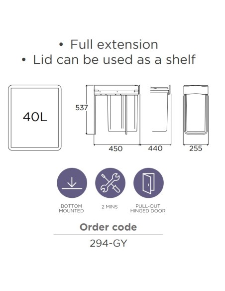 300mm Kitchen Waste Bin 40L Pull-Out Unit Single Container Hinged Door Gollinucci 294GY