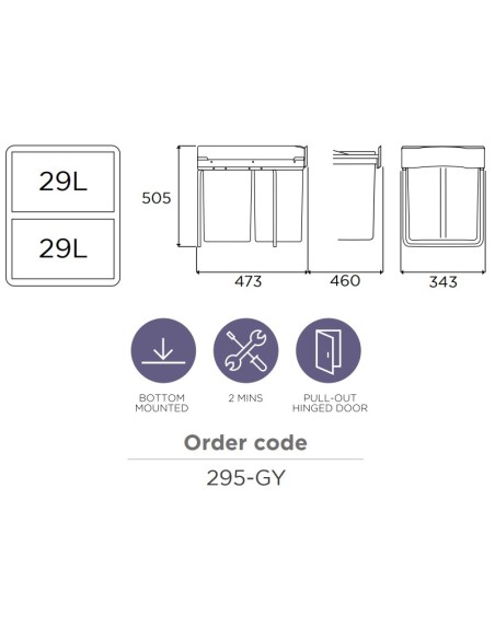 400mm Double Waste Bin 58L Gollinucci Kitchen Hinged Doors Base Mount 295-GY