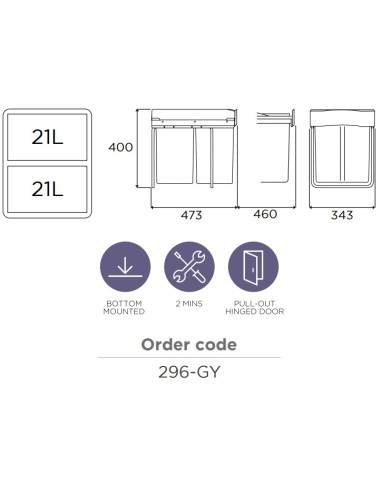 400mm Kitchen Waste Bin Double Container 42L Gollinucci Hinged Doors 296-GY