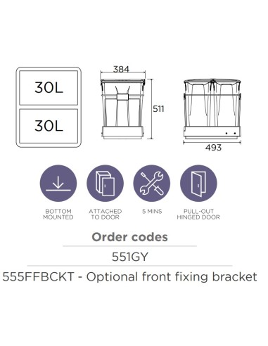 450mm Gollinucci Waste Bin 60L Kitchen Front...