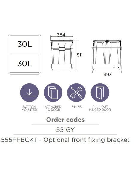 450mm Gollinucci Waste Bin 60L Kitchen Front Door Fixed Base Mount