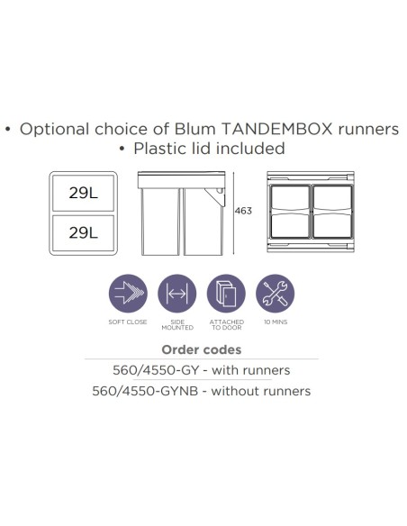 450mm Gollinucci Waste Bin Blum Runners 58L Kitchen Soft Closing