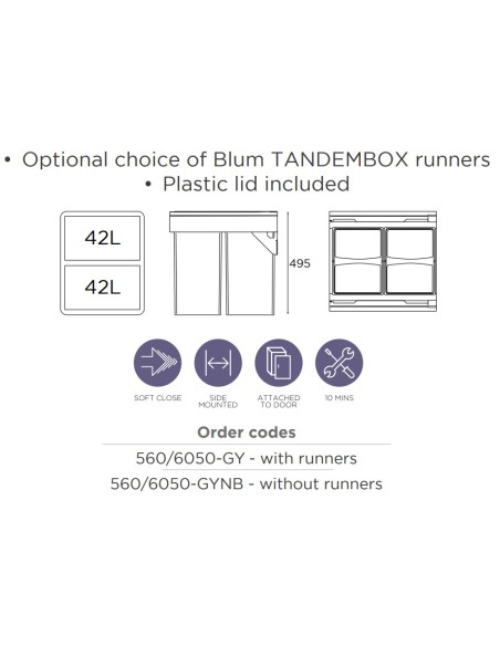 600mm Waste Bin Blum Runners 84L Kitchen Pull Out Double Containers
