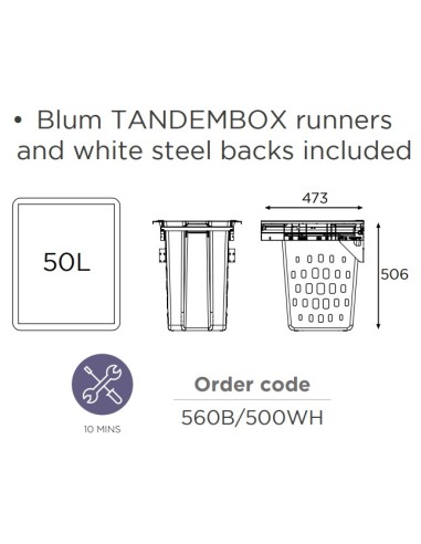 500mm Laundry Bin 50L Basket Blum Tandembox Runners White Pull-Out