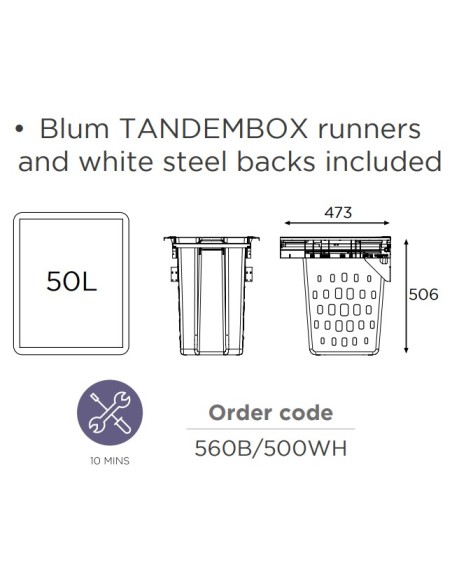500mm Laundry Bin 50L Basket Blum Tandembox Runners White Pull-Out