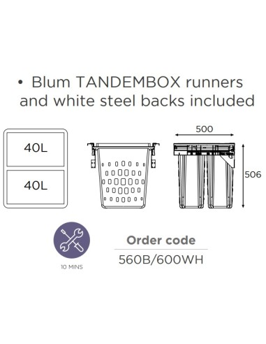 600mm Laundry Bin 80L Blum Tandembox Runners White Pull Out Double