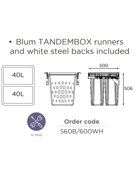 600mm Laundry Bin 80L Blum Tandembox Runners White Pull Out Double