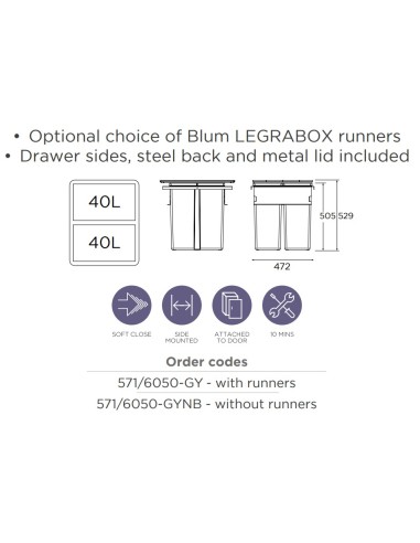 600mm Kitchen Waste Bin Blum Legrabox Gollinucci 80L Double Containers