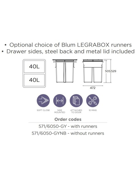 600mm Kitchen Waste Bin Blum Legrabox Gollinucci 80L Double Containers
