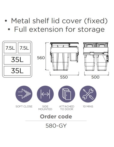 600mm Gollinucci Waste Bin 85L Pull Out Kitchen Rubbish Door Fixed