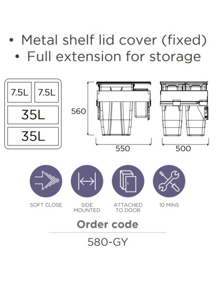 600mm Gollinucci Waste Bin 85L Pull Out Kitchen Rubbish Door Fixed