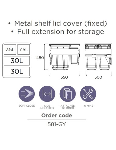 600mm Gollinucci Waste Bin Kitchen Pull-Out 75L Large Quad Container