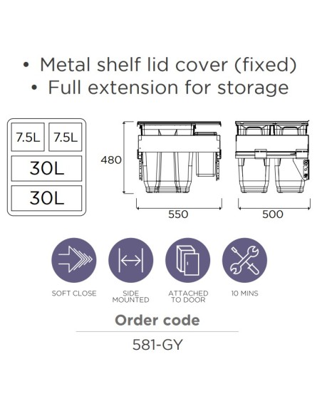 600mm Gollinucci Waste Bin Kitchen Pull-Out 75L Large Quad Container