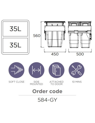 500mm Gollinucci Waste Bin 70L Kitchen Pull Out Soft-closing Double 584-GY