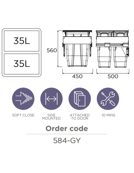 500mm Gollinucci Waste Bin 70L Kitchen Pull Out Soft-closing Double 584-GY